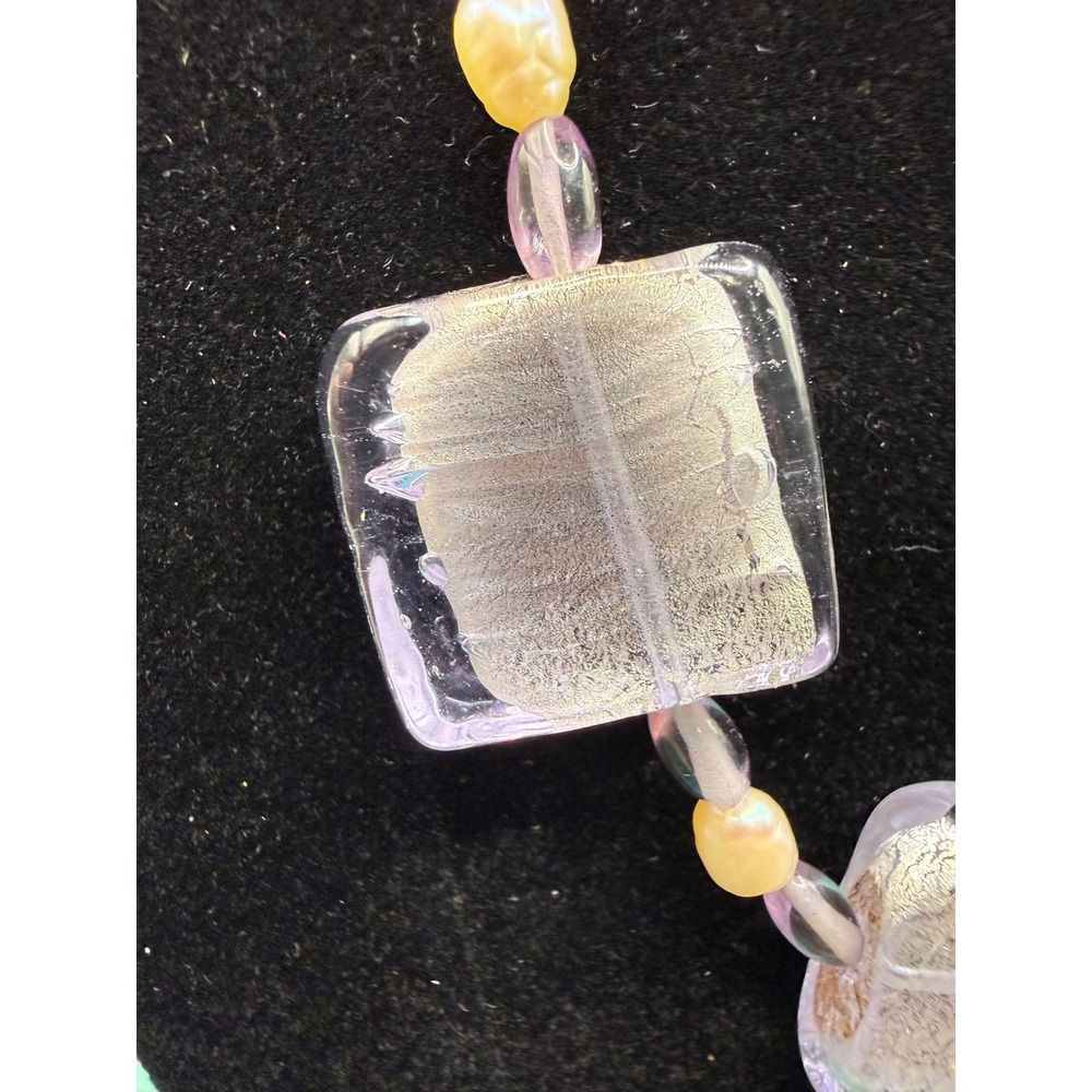 Artisan Venetian Glass Silver Foil Square Bead & Freshwater Pearl Necklace 19" - Picture 8 of 15